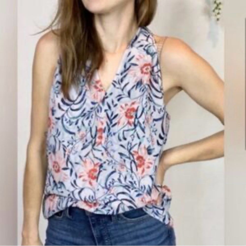 CAbi Floral V-Neck Tank Top in Light Blue with Coral and Navy